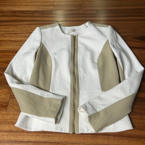 Calvin Klein Women's Skirt Suit Set White & Tan Textured Gold Zipper Size 2 - Picture 7 of 13